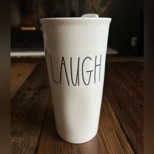 RAE DUNN • LAUGH ceramic travel mug with lid white Artisan Collection by Magenta